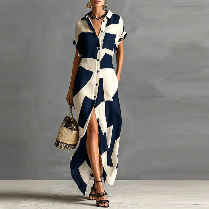 Summer dress with geometric print, lapel collar, button closure, pockets, long dress for women, short sleeves, maxi dress