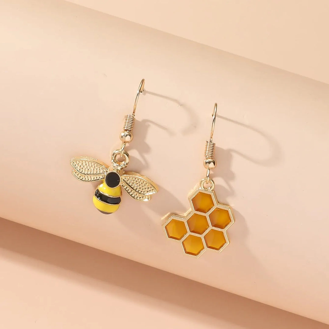Honeycomb & Bee Drop Earrings – Gold Tone Jewellery for Women