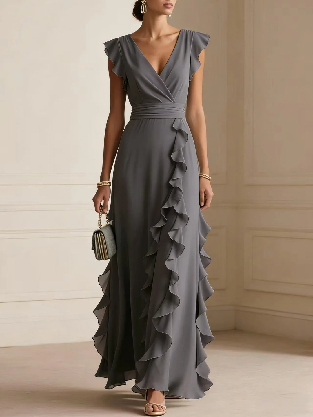 Ladies' Elegant Plain Colour Ruffle Sleeveless Sexy V-Neck Long Dress Fashion Bohemian Ladies' Party Evening Maxi Dresses Gown