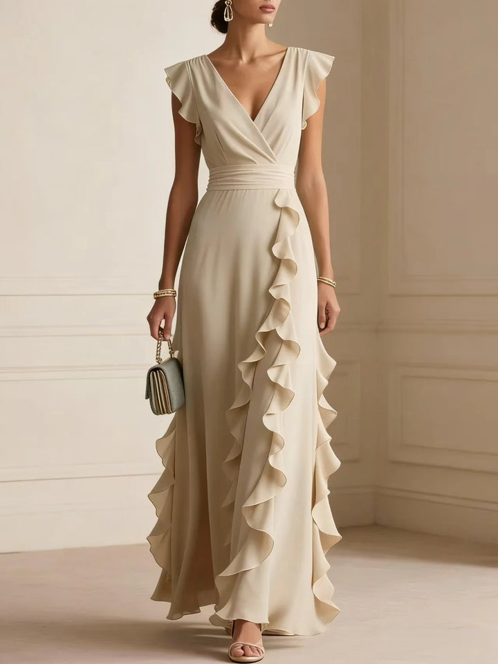 Ladies' Elegant Plain Colour Ruffle Sleeveless Sexy V-Neck Long Dress Fashion Bohemian Ladies' Party Evening Maxi Dresses Gown