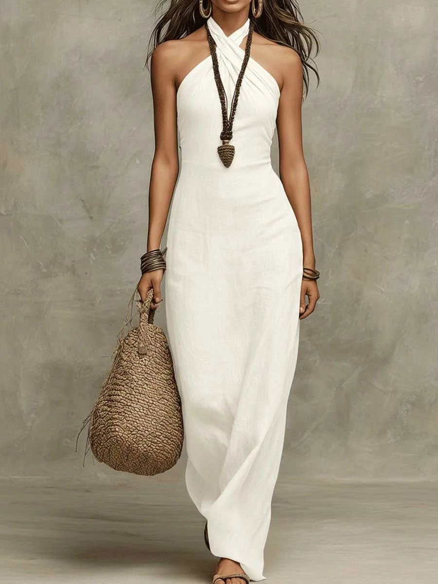Women's Summer New Bohemian Off-Shoulder Sleeveless Dresses Solid Hollow Slim Long Dress Chic Sexy Halter Criss Cross Party Dress