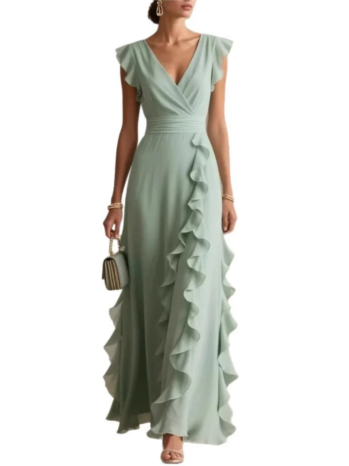 Ladies' Elegant Plain Colour Ruffle Sleeveless Sexy V-Neck Long Dress Fashion Bohemian Ladies' Party Evening Maxi Dresses Gown