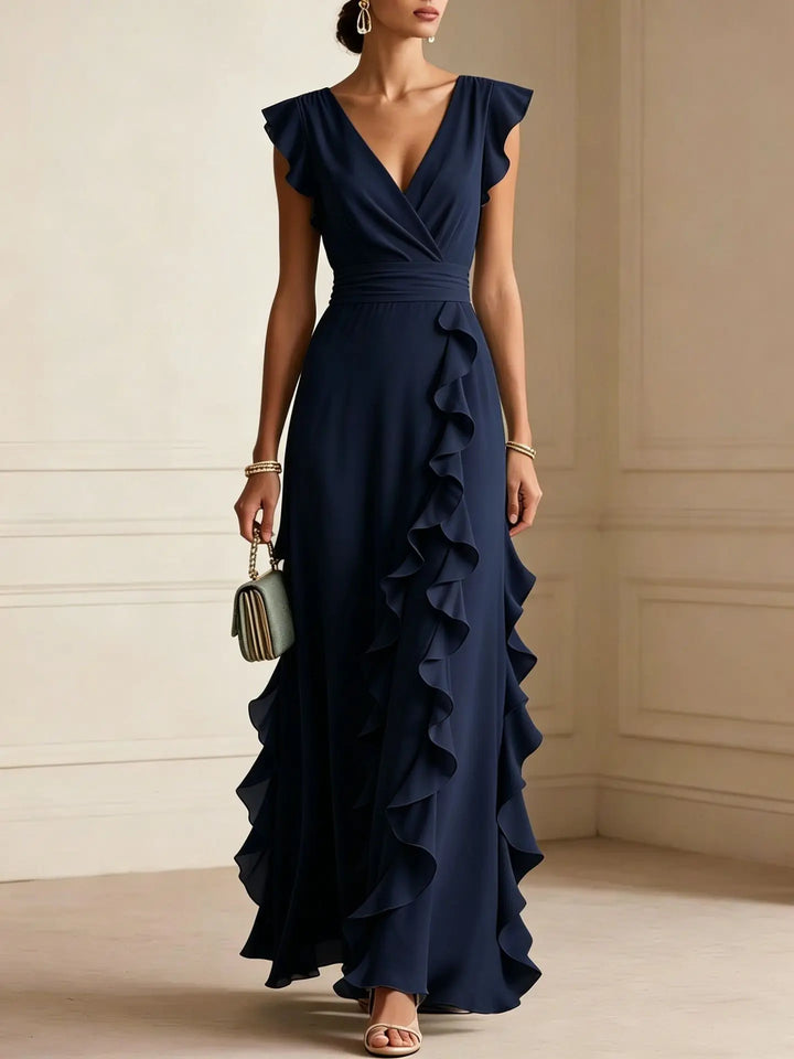 Ladies' Elegant Plain Colour Ruffle Sleeveless Sexy V-Neck Long Dress Fashion Bohemian Ladies' Party Evening Maxi Dresses Gown