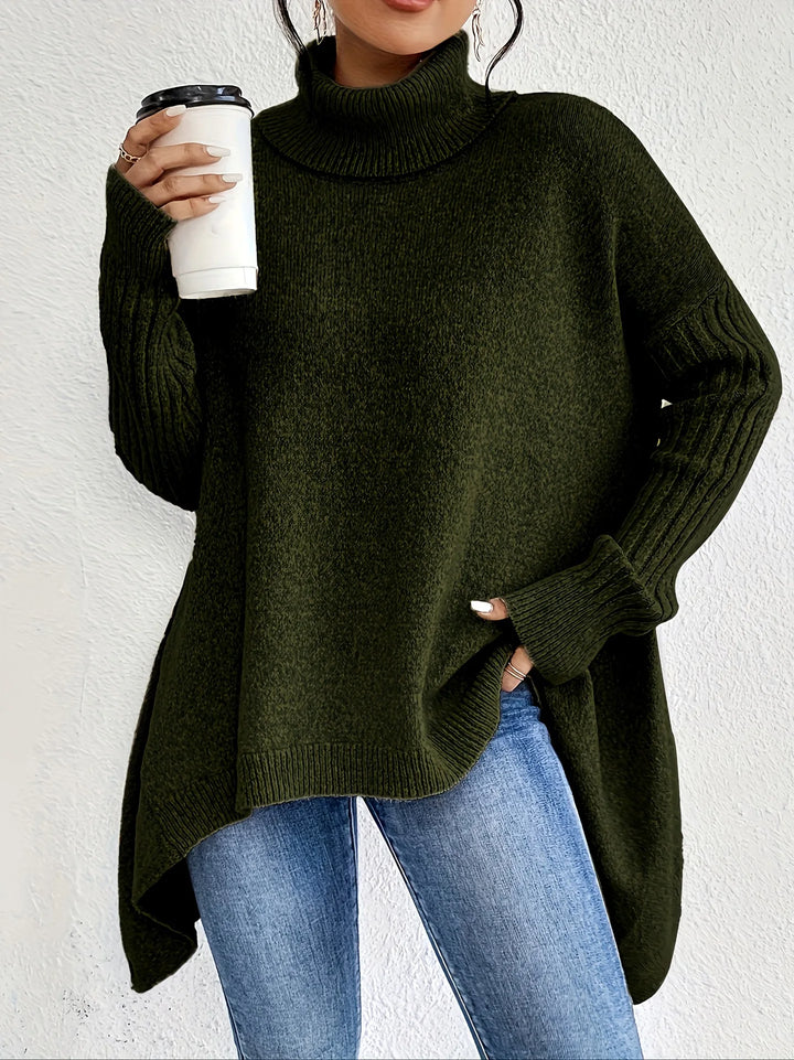 Dark green high-neck asymmetric hem knit sweater with long ribbed sleeves