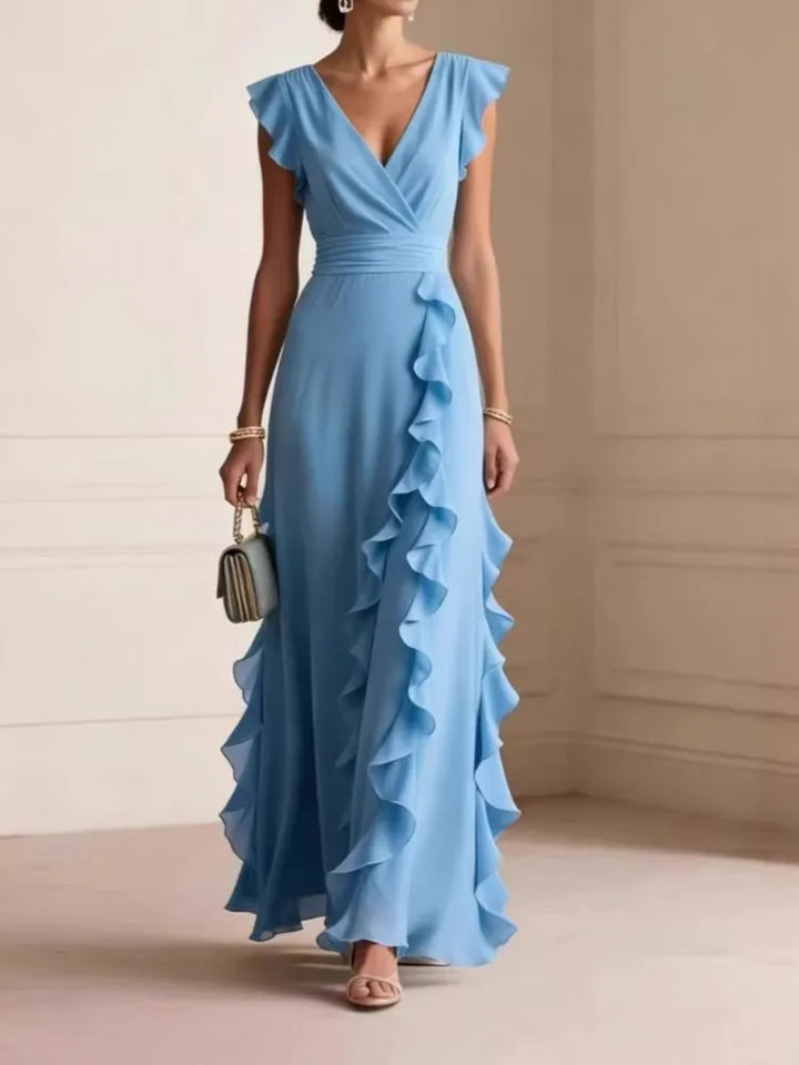Ladies' Elegant Plain Colour Ruffle Sleeveless Sexy V-Neck Long Dress Fashion Bohemian Ladies' Party Evening Maxi Dresses Gown