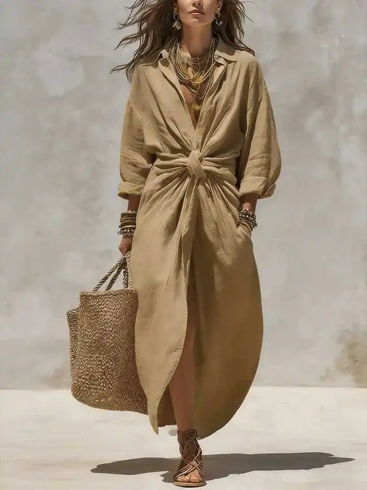 Boho white linen cotton shirt dress with long sleeves, high waist, button detail, maxi dress, casual, loose fit, split hem, summer dress for women