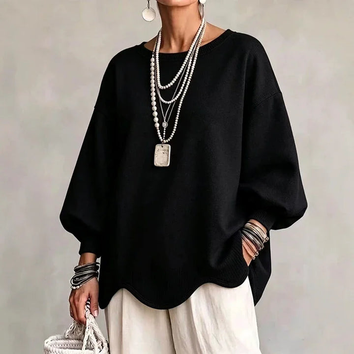 Black oversized sweatshirt with wavy hem and loose long sleeves