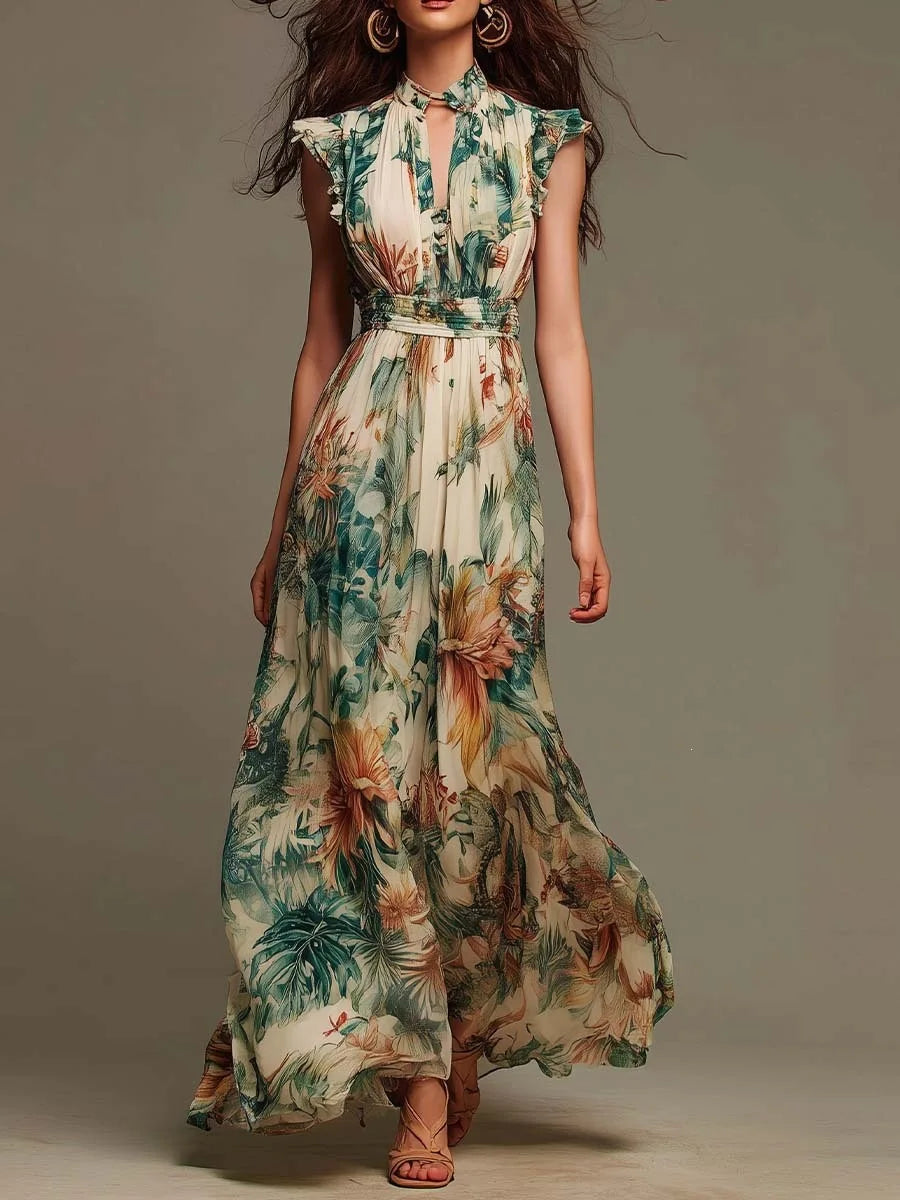 Isadora | Floral Ruched Mock Neck Maxi Dress