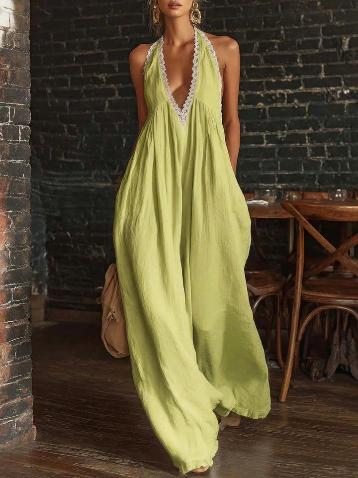 Evelyn | Lace Halter V-Neck Wide Leg Jumpsuit