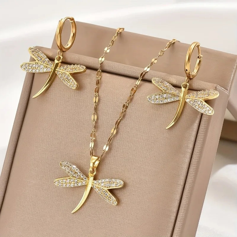 Gold Dragonfly Jewellery Necklace with Bonus Earrings
