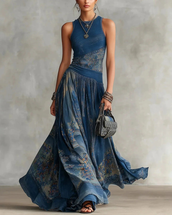 Blue sleeveless boho maxi dress, aztec print bodice, tiered flared skirt