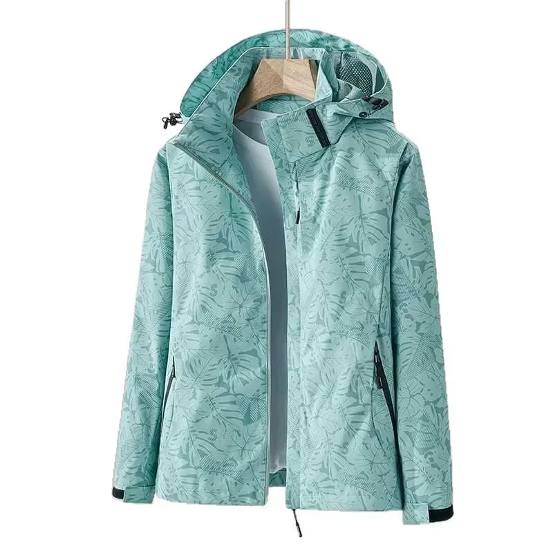 Mint green waterproof hooded jacket with front zip and side pockets