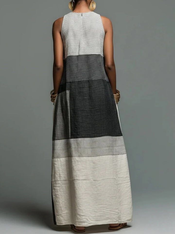 Summer Dress for Women, Stylish Colour Block Patchwork, Loose Sleeveless Tank Dress, Long Dress, Trendy Casual Dress with Pockets