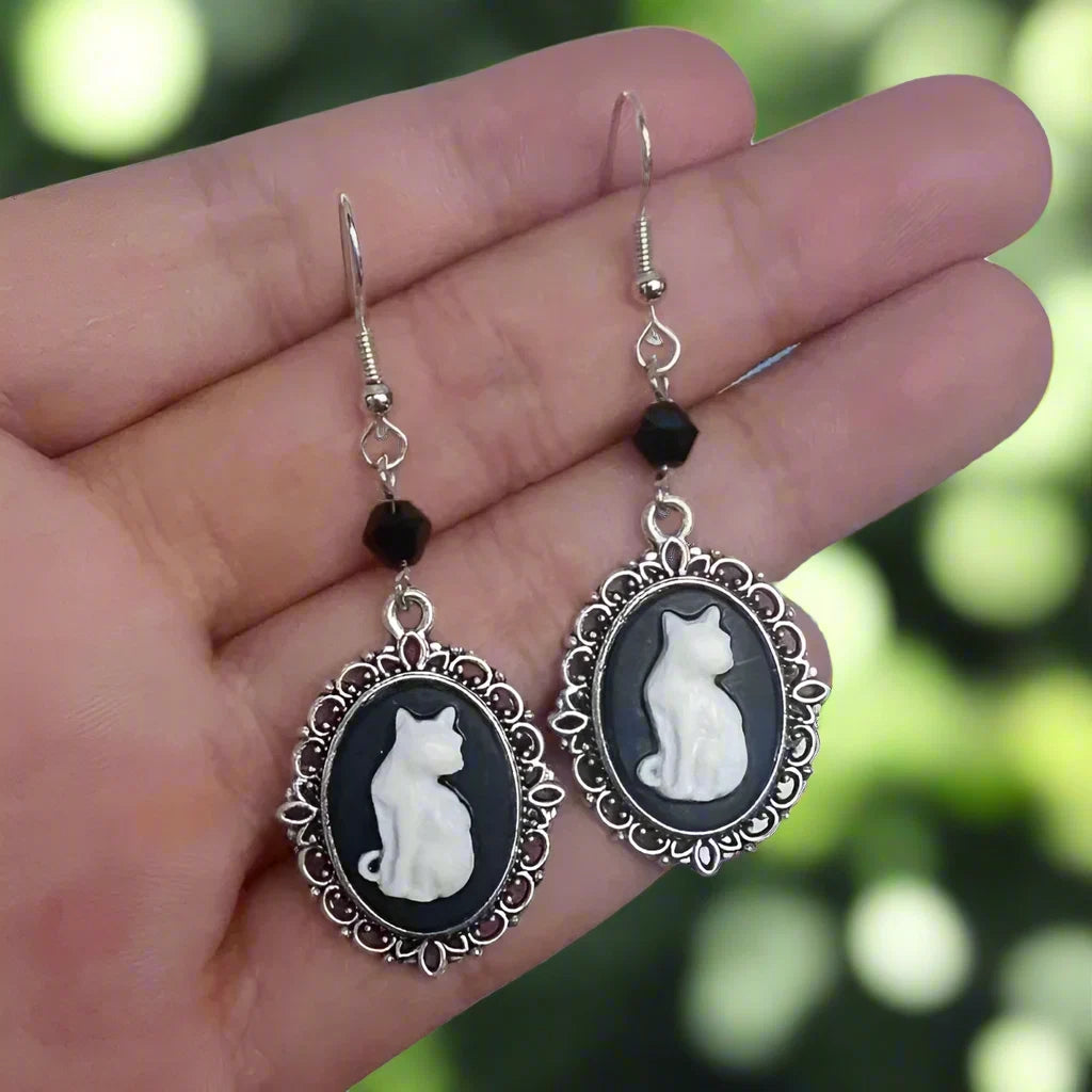 Vintage White Cat Drop Earrings – Silver Frame Jewellery for Women