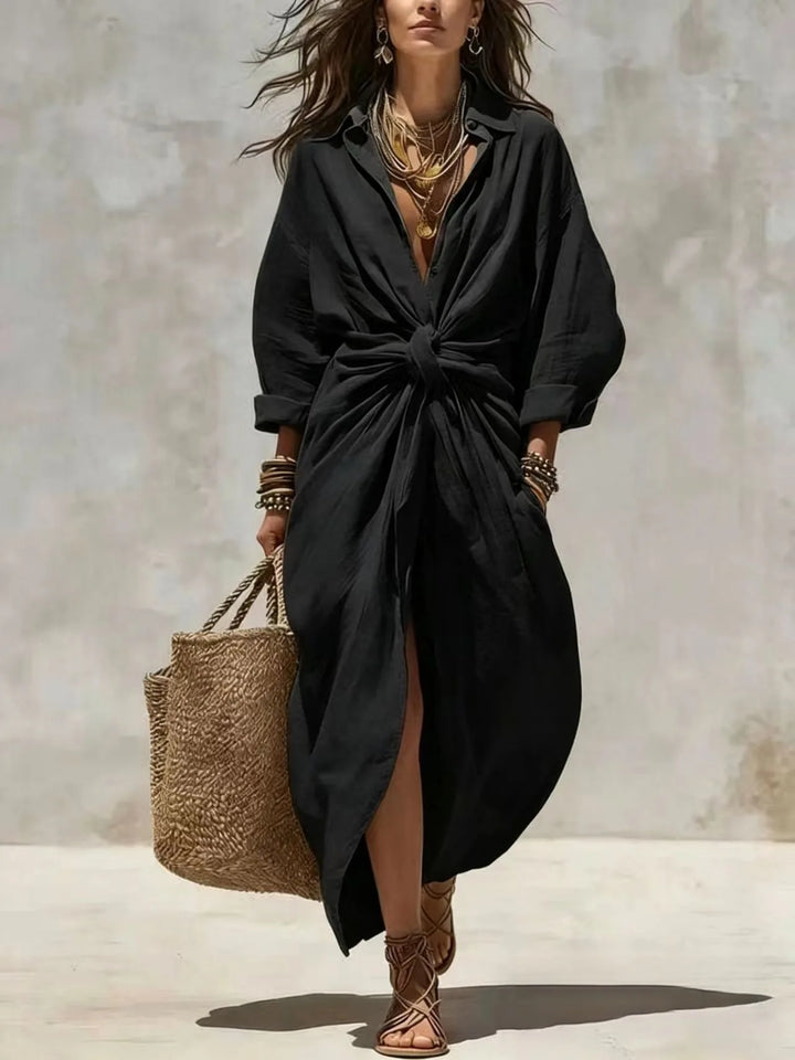 Boho white linen cotton shirt dress with long sleeves, high waist, button detail, maxi dress, casual, loose fit, split hem, summer dress for women