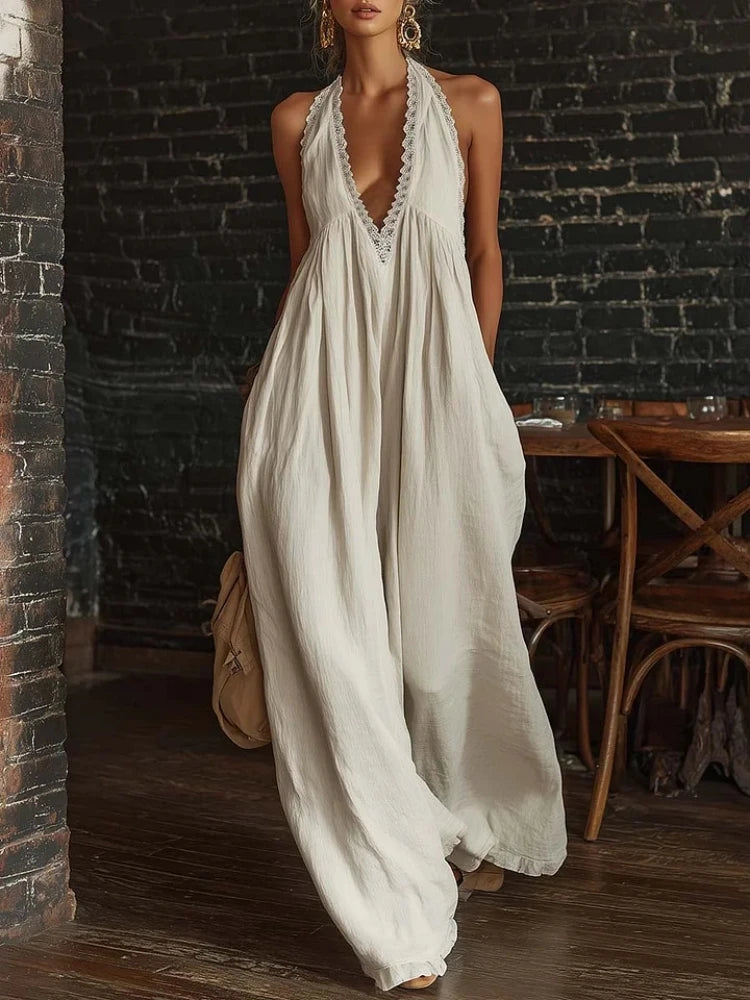 Evelyn | Lace Halter V-Neck Wide Leg Jumpsuit