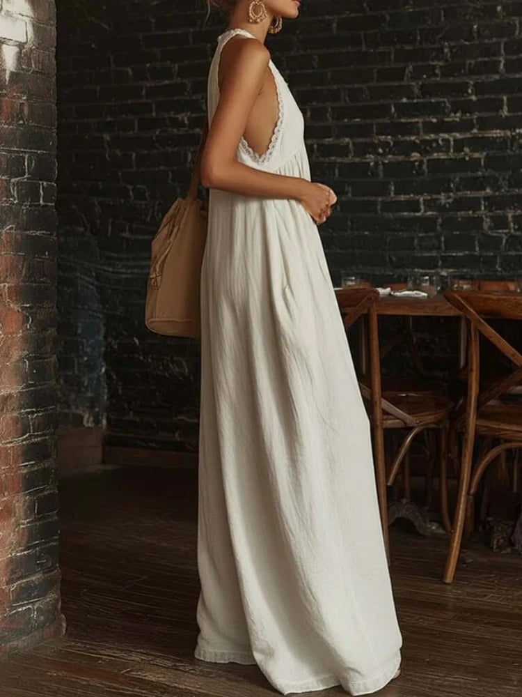 Evelyn | Lace Halter V-Neck Wide Leg Jumpsuit