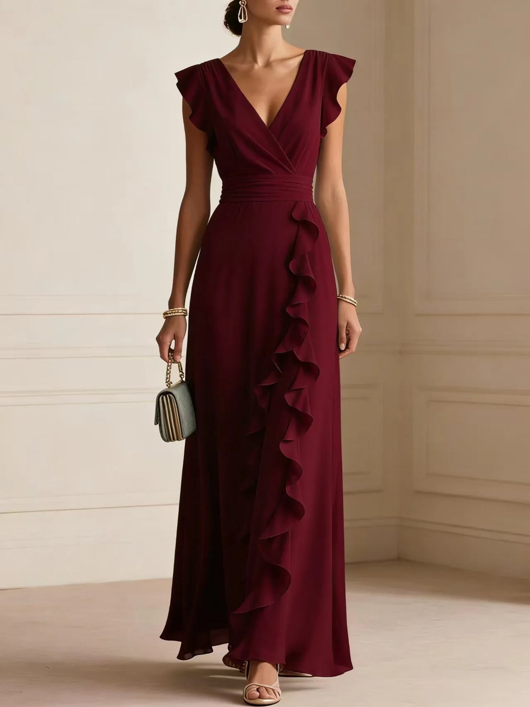 Ladies' Elegant Plain Colour Ruffle Sleeveless Sexy V-Neck Long Dress Fashion Bohemian Ladies' Party Evening Maxi Dresses Gown