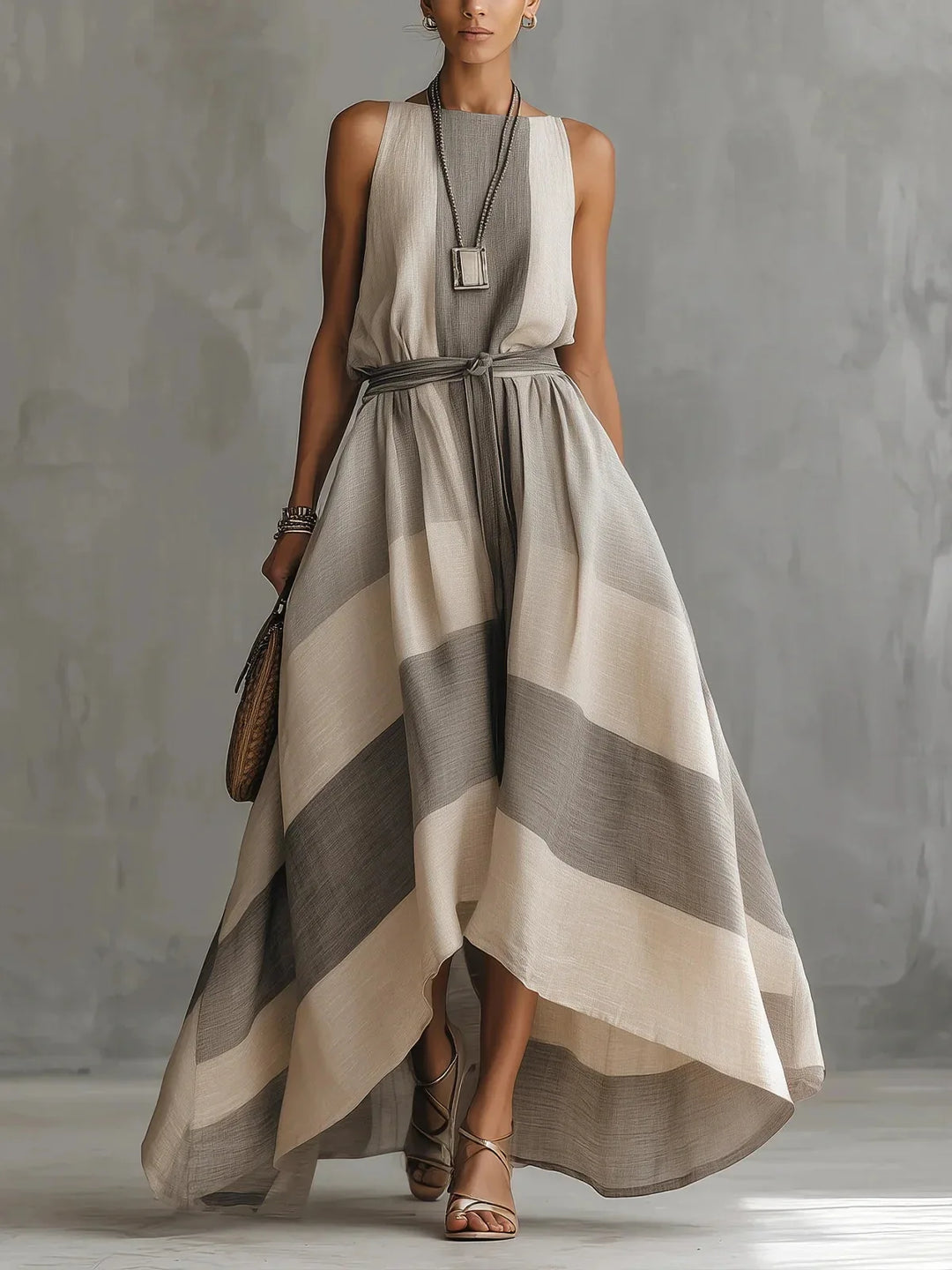 Summer New Irregular Maxi Dresses Women's Fashion O-Neck Striped Sleeveless Dress with Large Hem Casual Plain Loose Party Dress for the Beach