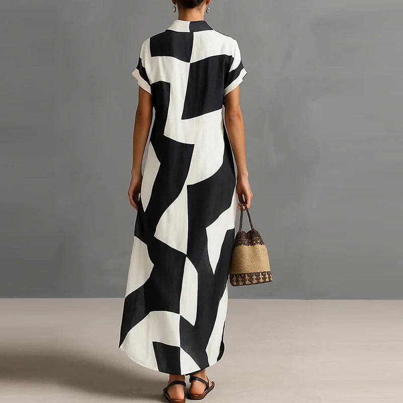 Summer dress with geometric print, lapel collar, button closure, pockets, long dress for women, short sleeves, maxi dress