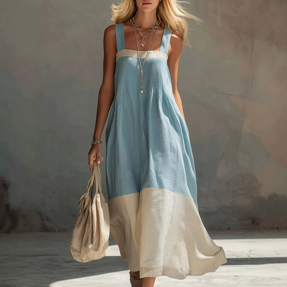 Ladies Colour Block Maxi Dress with Spaghetti Straps, Sleeveless Loose Layered Flowy Sun Dress for Beach Holiday Resort