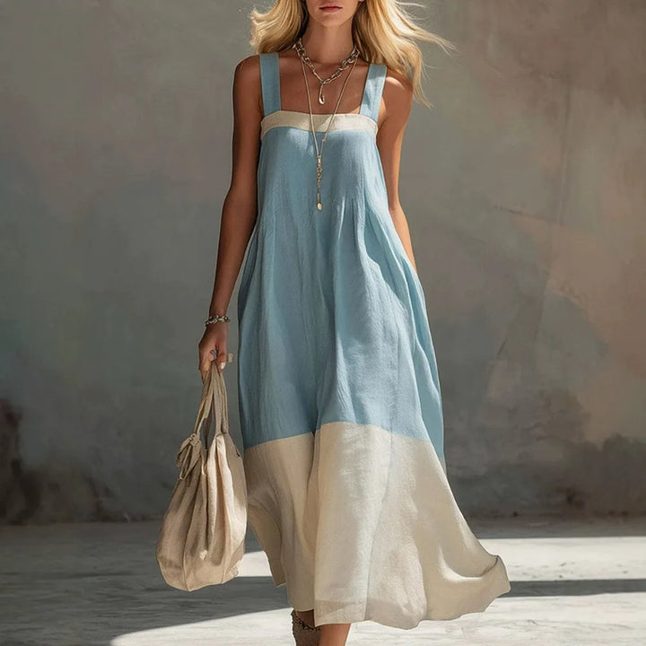 Ladies Colour Block Maxi Dress with Spaghetti Straps, Sleeveless Loose Layered Flowy Sun Dress for Beach Holiday Resort
