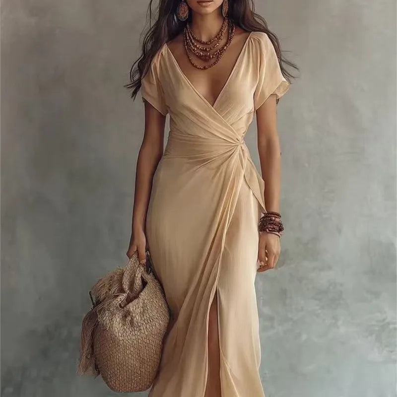 Fashion holiday women's dress plain colour wrapped with lace bow V-neck short sleeves split chiffon formal irregular party dress long dresses