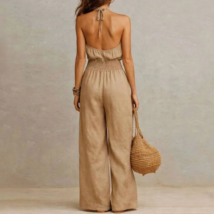 Summer Plain High Waist Ladies Jumpsuits Elegant Halter Tie-up Backless Rompers Casual Sleeveless Wide Leg Overalls