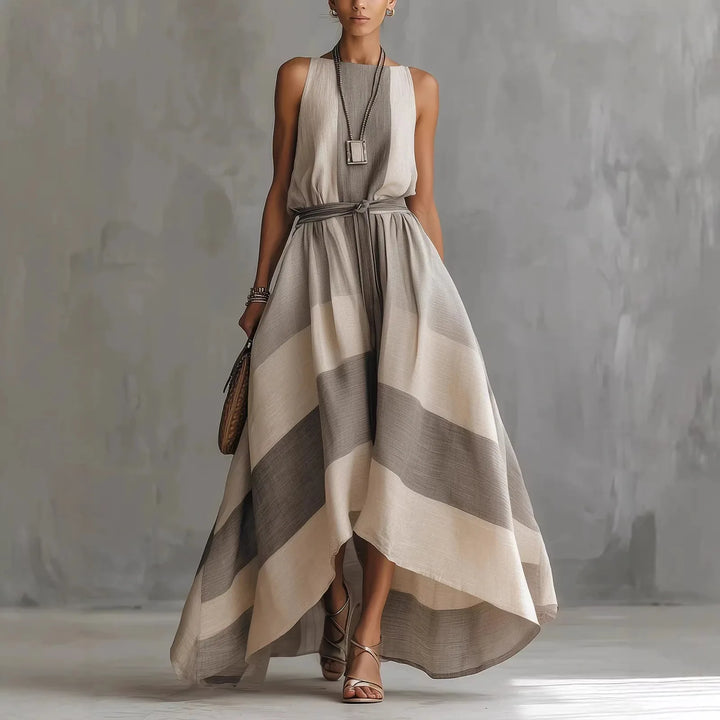 Summer New Irregular Maxi Dresses Women's Fashion O-Neck Striped Sleeveless Dress with Large Hem Casual Plain Loose Party Dress for the Beach
