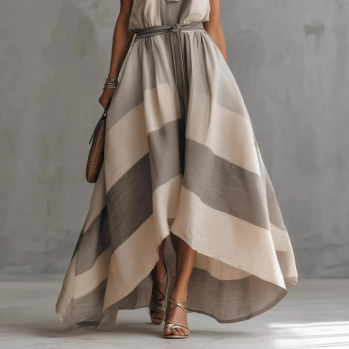Summer New Irregular Maxi Dresses Women's Fashion O-Neck Striped Sleeveless Dress with Large Hem Casual Plain Loose Party Dress for the Beach