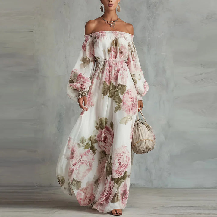 PEONY | Off-Shoulder Floral Maxi Dress with Long Sleeves