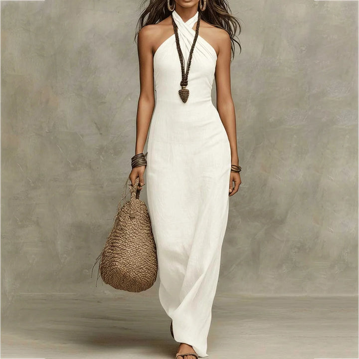 Women's Summer New Bohemian Off-Shoulder Sleeveless Dresses Solid Hollow Slim Long Dress Chic Sexy Halter Criss Cross Party Dress