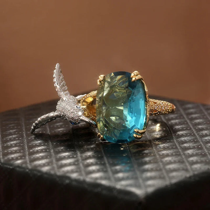 Adjustable Aquamarine-Colour Hummingbird Ring – 14K Gold Plated