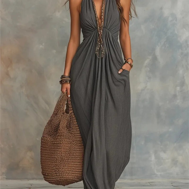 Elegante halter maxi jurk voor dames, diepe V-hals, hoge taille, slanke jurken, zomer 2026, formele avondjurk, feestjurk, vakantiejurk, vestidos