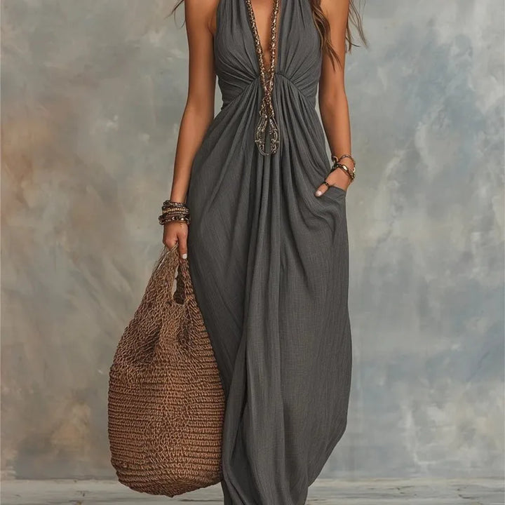 Elegante halter maxi jurk voor dames, diepe V-hals, hoge taille, slanke jurken, zomer 2026, formele avondjurk, feestjurk, vakantiejurk, vestidos