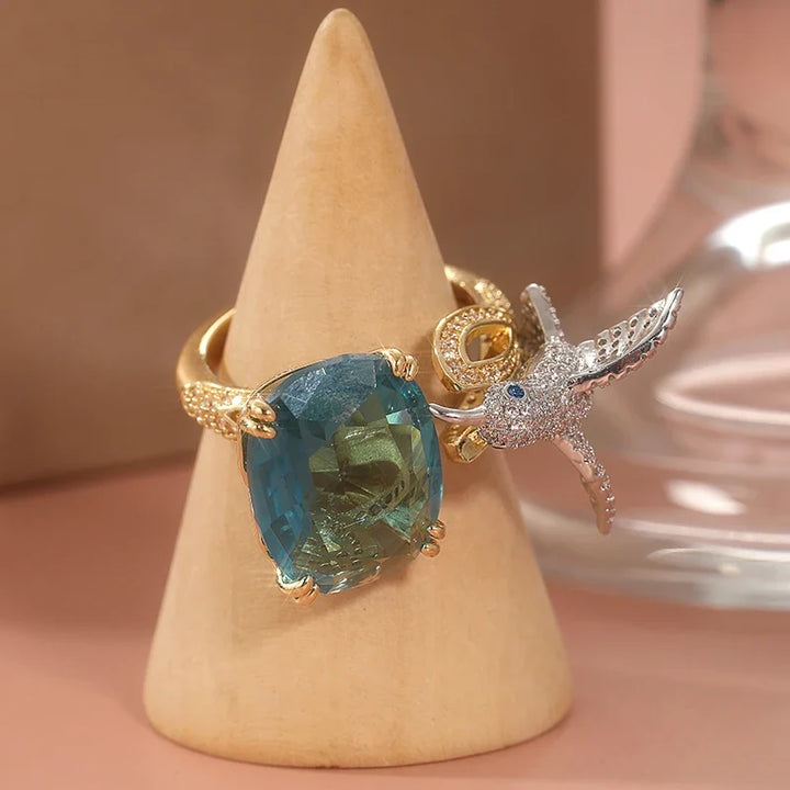 Adjustable Aquamarine-Colour Hummingbird Ring – 14K Gold Plated