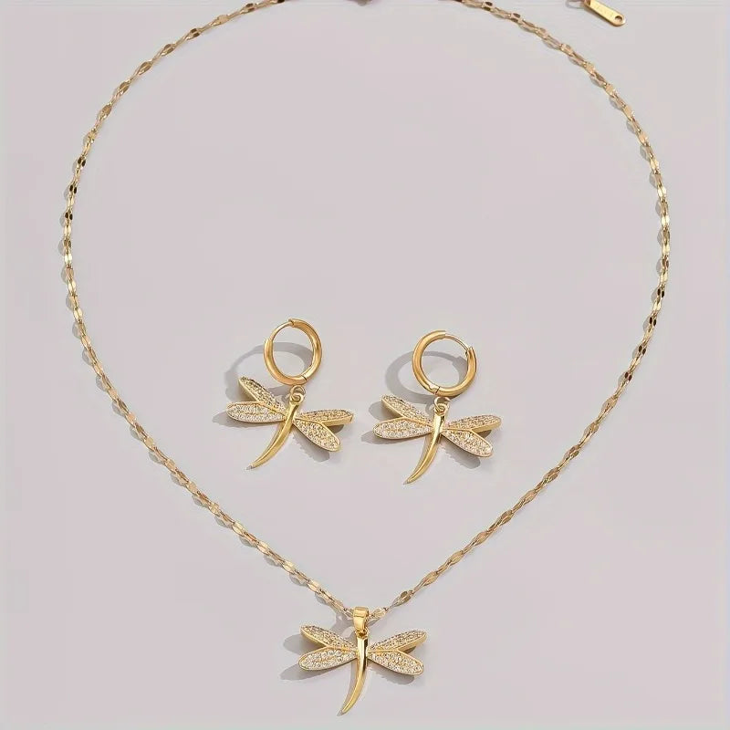 Gold Dragonfly Jewellery Necklace with Bonus Earrings