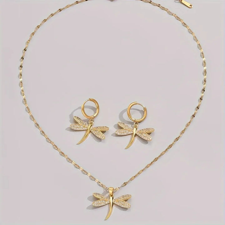 Gold Dragonfly Jewellery Necklace with Bonus Earrings