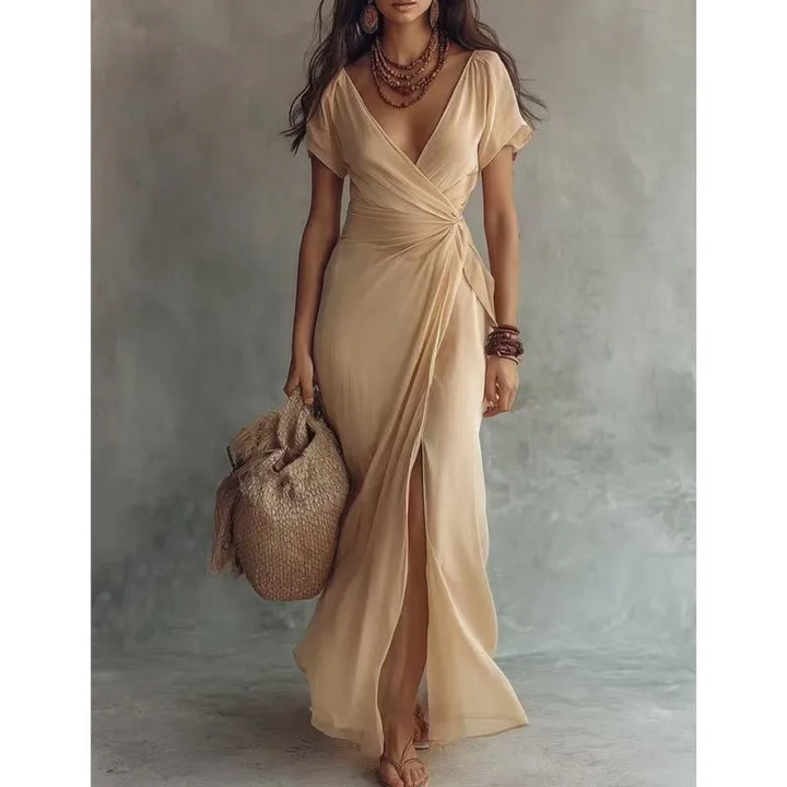 Fashion holiday women's dress plain colour wrapped with lace bow V-neck short sleeves split chiffon formal irregular party dress long dresses