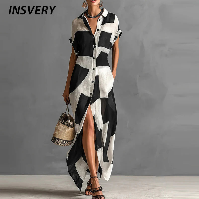 Summer dress with geometric print, lapel collar, button closure, pockets, long dress for women, short sleeves, maxi dress