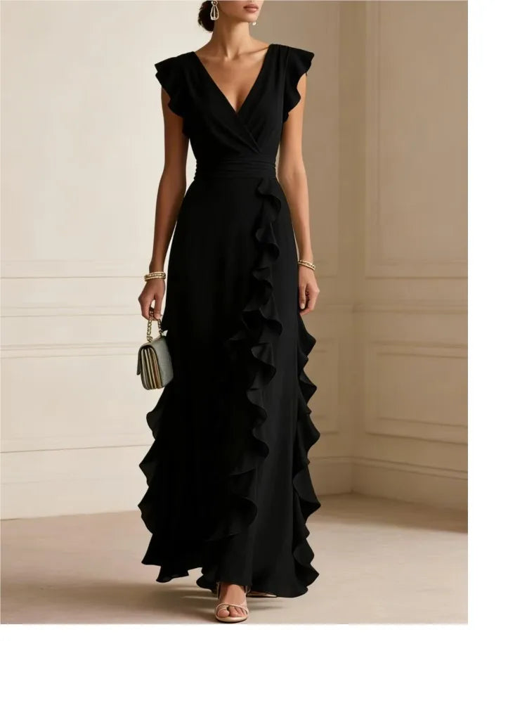 Ladies' Elegant Plain Colour Ruffle Sleeveless Sexy V-Neck Long Dress Fashion Bohemian Ladies' Party Evening Maxi Dresses Gown