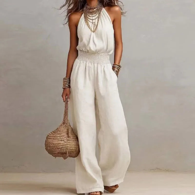 Summer Plain High Waist Ladies Jumpsuits Elegant Halter Tie-up Backless Rompers Casual Sleeveless Wide Leg Overalls