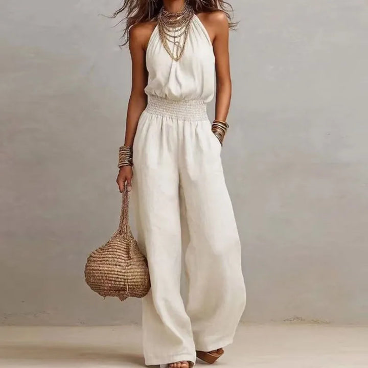 Summer Plain High Waist Ladies Jumpsuits Elegant Halter Tie-up Backless Rompers Casual Sleeveless Wide Leg Overalls