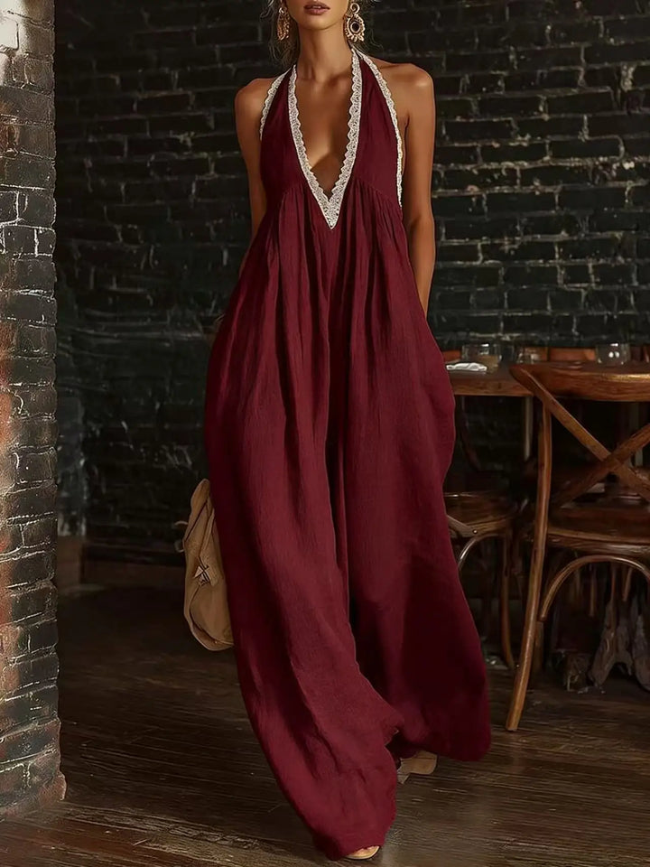 Evelyn | Lace Halter V-Neck Wide Leg Jumpsuit