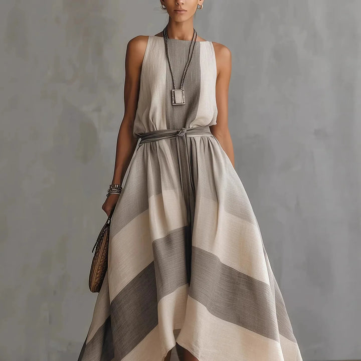 Summer New Irregular Maxi Dresses Women's Fashion O-Neck Striped Sleeveless Dress with Large Hem Casual Plain Loose Party Dress for the Beach