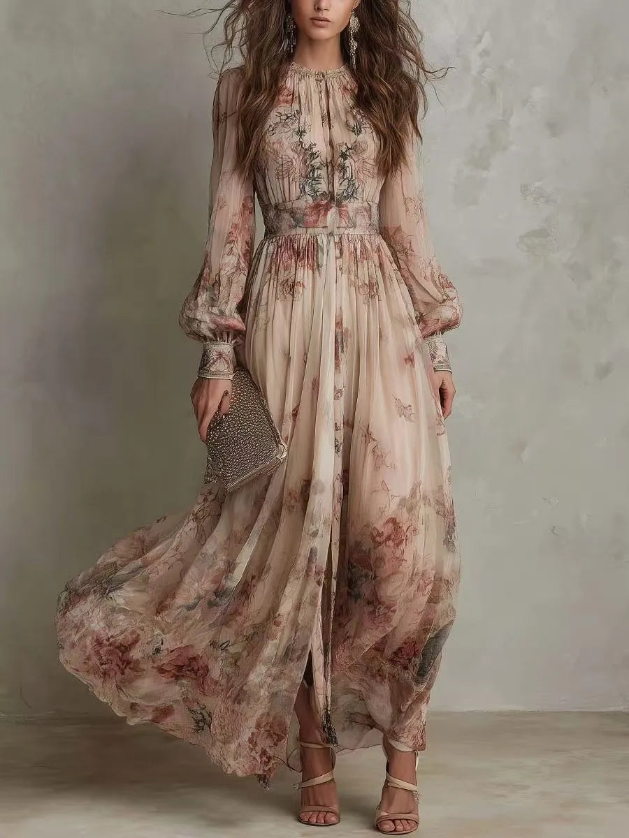 Rosalind | Vintage Floral Pleated Maxi Dress