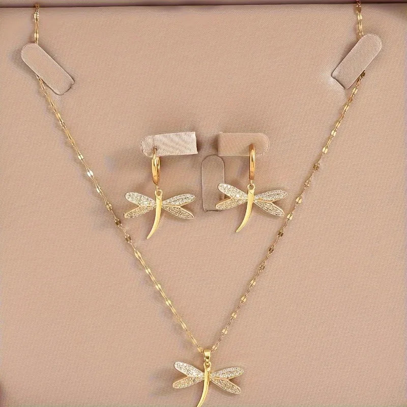 Gold Dragonfly Jewellery Necklace with Bonus Earrings