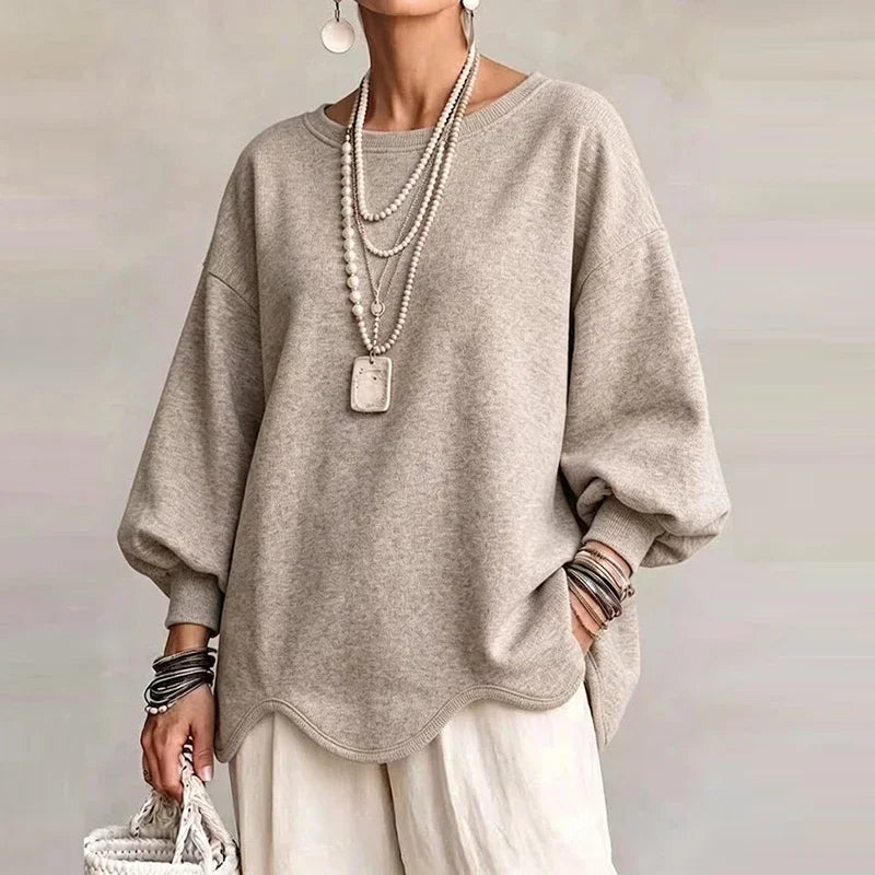 Taupe oversized sweatshirt with wavy hem and relaxed long sleeves