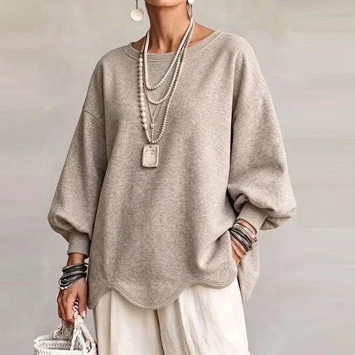 Taupe oversized sweatshirt with wavy hem and relaxed long sleeves