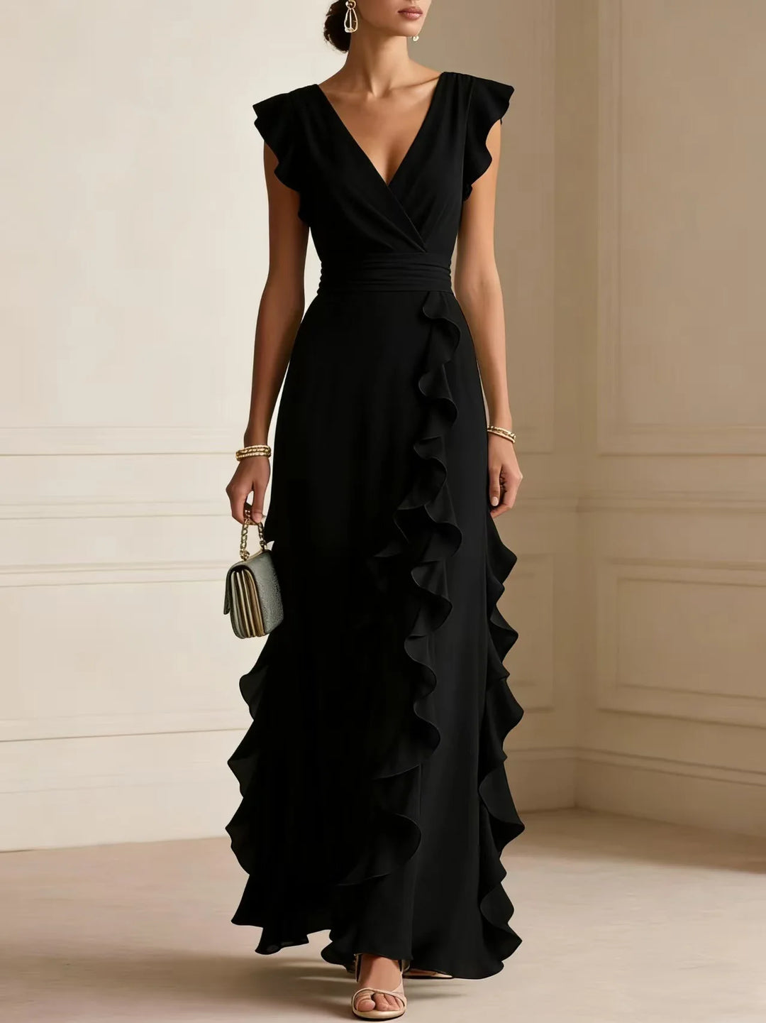 Ladies' Elegant Plain Colour Ruffle Sleeveless Sexy V-Neck Long Dress Fashion Bohemian Ladies' Party Evening Maxi Dresses Gown